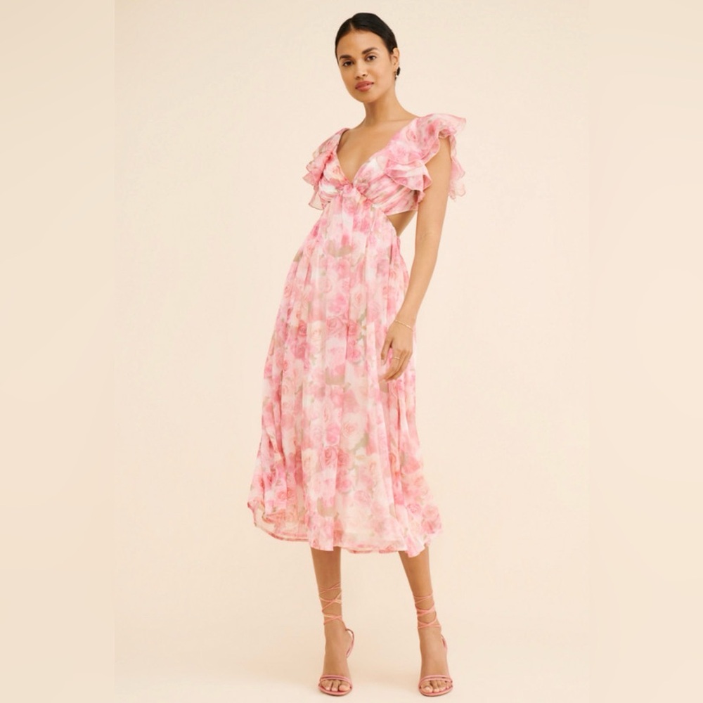 Rachel Parcell Pink Chiffon Ruffle Midi Dress Size 10 Floral - Picture 2 of 8